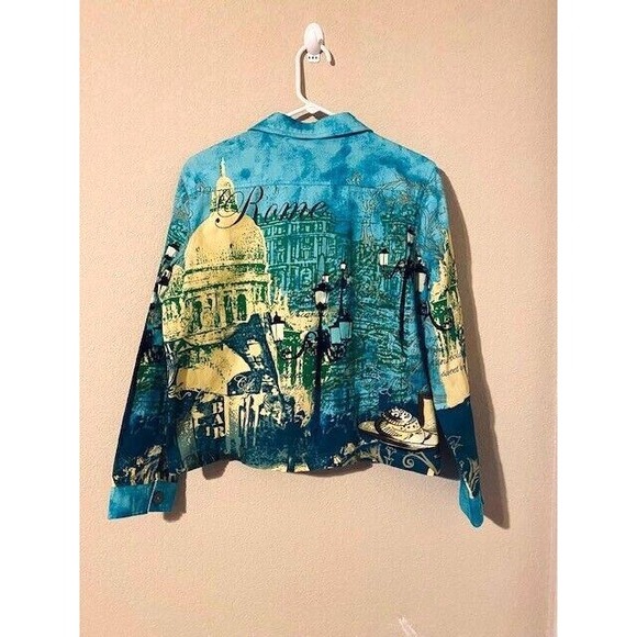 Jane Ashley Casual Lifestyle Women's‎ Turquoise & Yellow Rome Theme Jacket Sz LG - Picture 2 of 9